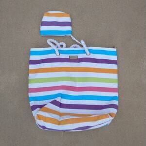Sun N' Sand Beach Rope Tote Bag Women Large Blue White Stripe Nautical Coastal